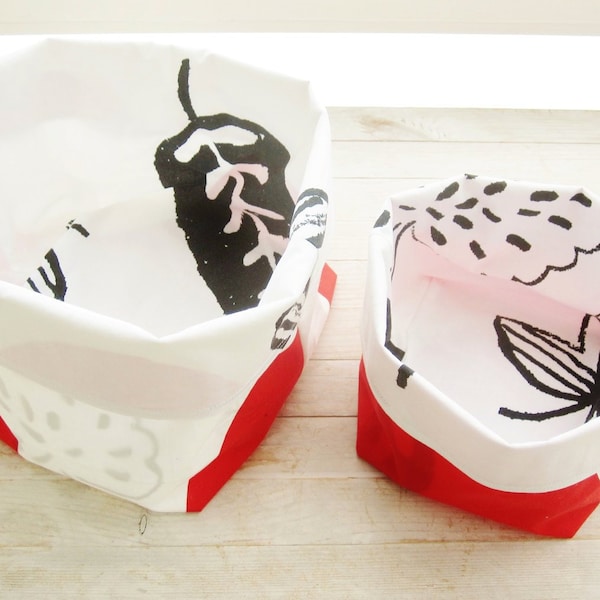 Fabric basket storage box set of 2 red white black leaf organizer bin container cosmetic toiletry make-up nappy holder craft project bag