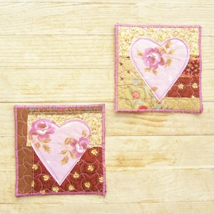 Patchwork coaster set of 2 heart mug rug coffee tee drink hot pad granny chic cottage chic quilted pink rose brown hostess birthday gift