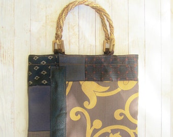 Tote bag handbag rustic shopping bag shopper patchwork upholstery fabric leather braid handle wabi sabi modern abstract brown black gift