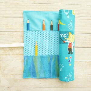 Roll up pencil case crochet hook case paintbrush make-up brush case artist roll science fox dog owl bear chemist blue yellow green kids gift
