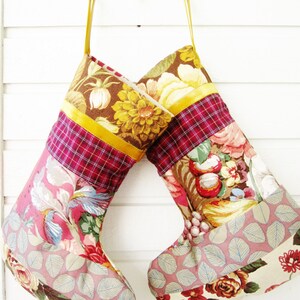 Patchwork Christmas Stocking: Floral Boho Vintage fabric Holiday Decor
