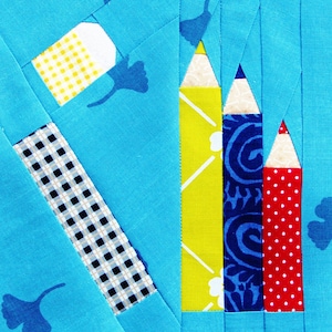 Schoolkid&#39;s Basics quilt block pattern PDF instant download patchwork colored pencil eraser ruler diy mini quilt FPP paper pieced advanced