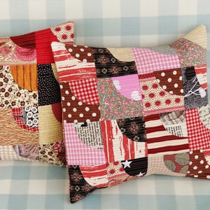Patchwork Quilted Pillow Cover Set: Red Beige Brown Printed Cotton Cushions, 12"