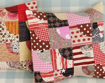 Patchwork Quilted Pillow Cover Set: Red Beige Brown Printed Cotton Cushions, 12"
