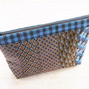 Toilet bag zipper pouch cosmetic bag toiletry nececcaire carry-all necktie silk patchwork blue brown yellow black upcycled gift for him dad