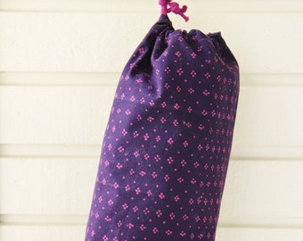 Plastic bag holder container dispenser storage grocery bag sack sock kitchen bag vintage cotton modern dotted purple pink houswarming gift