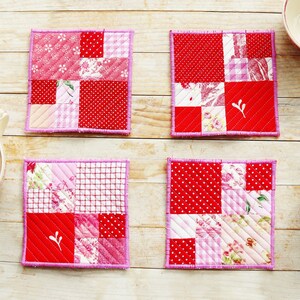 Patchwork coaster set of 4 red white pink mug rug coffee tee drink hot pad cottage chic quilted floral housewarming hostess gift