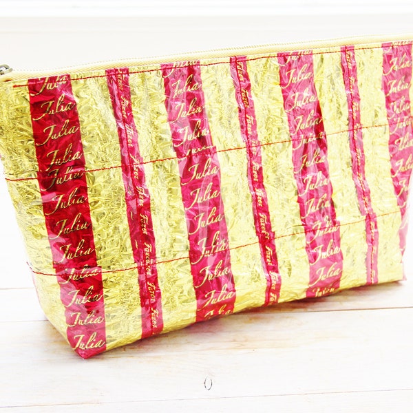 Cosmetic bag candy wrapper carry-all zipper pouch make-up toilet necessaire gold red text Julia upcycled vinyl plastic gift for her