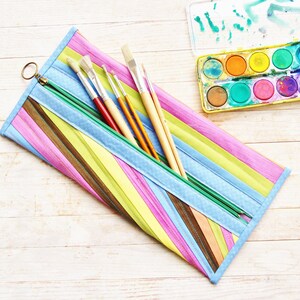 Pencils case rainbow artists hand dyed patchwork painbrush bag tool case zipper pouch cosmetic bag cotton fabrics quilted techers kids gift
