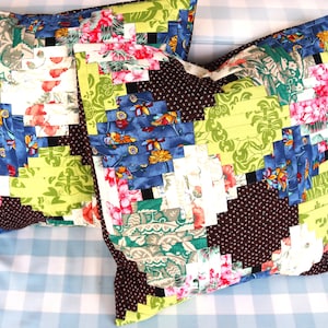 Patchwork Quilted Pillow Cover: Green, Pink and Blue Floral Decorative Cushion