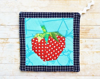 Strawberry pot holder coaster hot pad trivet mug rug patchwork quilted blue red green berry denim home decor housewarming hostess gift