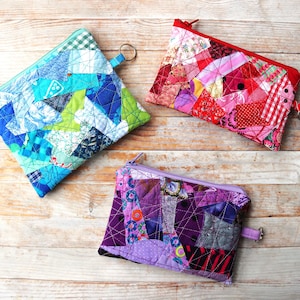Patchwork Zipper Pouch: Quilted Key Chain Wallet in Red, Blue or Purple