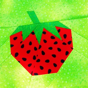 Giant Strawberry quilt block pattern PDF instant download patchwork fruit summer red green quilt scrappy FPP paper pieced advanced 8&quot; x 8