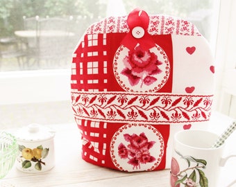 Tea pot cozy coffee pot warmer shabby chic party patchwork cottage country rosy floral heart red white vintage housewarming hostess gift