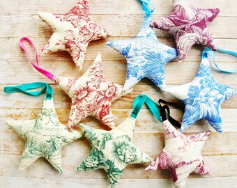 Star ornament Toile cottage style Shabby chic soft plush decor baby shower birthday party green blue purple red door hanger hostess gift