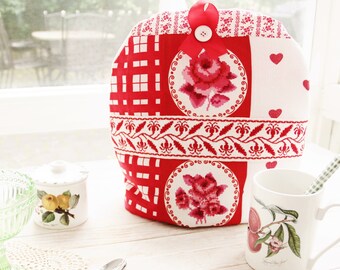 Tea pot cozy coffee pot warmer shabby chic party patchwork cottage country rosy floral heart red white vintage housewarming hostess gift