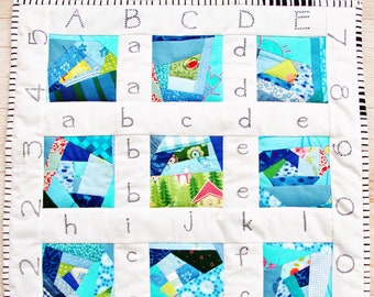 Quilt baby patchwork newborn modern crib pram stroller bedding wall hanging blue white navy green alphabet number nursery baby shower gift