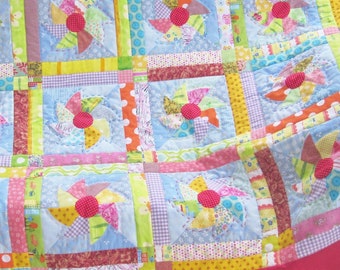 Hand Quilted Baby Quilt: Patchwork Pinwheel Blanket, 44&quot; x 56&quot;