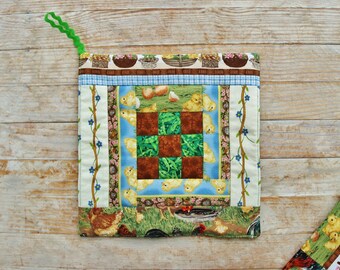 Pot holder coaster chicken hot pad mug rug patchwork green yellow blue brown quilted spring Easter housewarming hostess country home gift