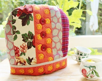 Tea pot cozy coffee pot warmer shabby chic granny chic party patchwork cottage style home rosy floral red orange burgundy green vintage gift