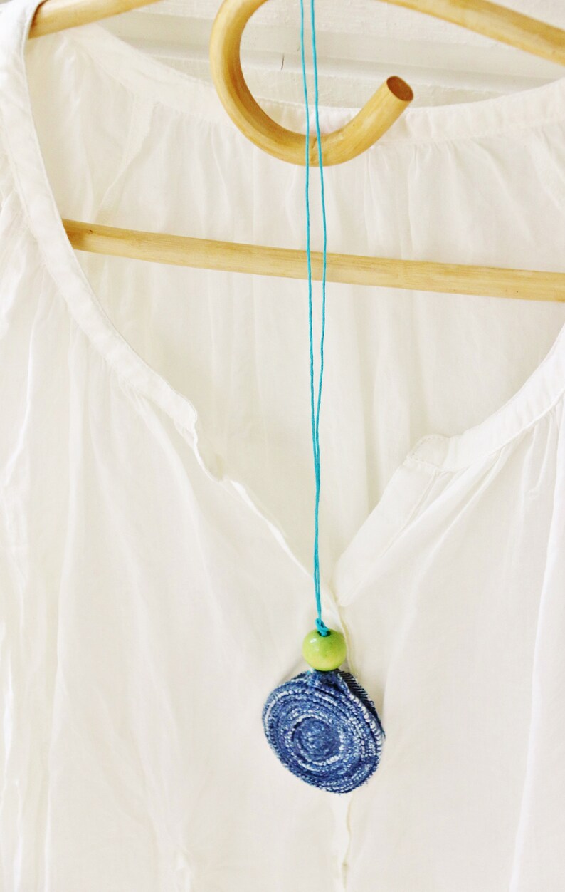 Necklace pendant jewelry denim wooden bead blue green modern statement turquoise cord upcycled recycled jeans cotton bohemian unisex gift