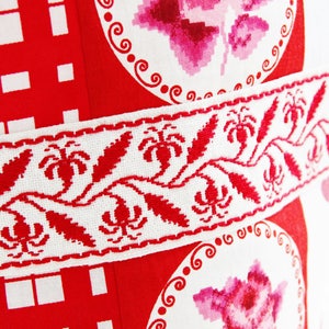 Detail of vintage ribbon and pink and red rosy print.