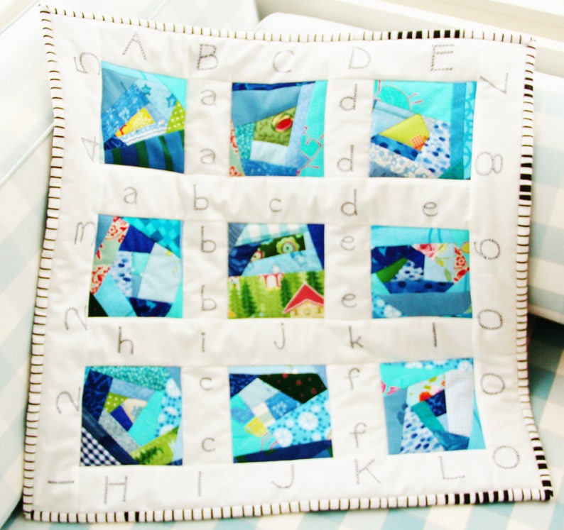 Quilt baby patchwork newborn modern crib pram stroller bedding mini blue white navy green black alphabet number nursery boy baby shower gift