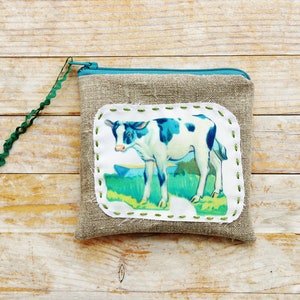 Linen wallet 2 opt bag purse card case carry-all make-up zipper pouch sailor boy sailboat calf cow blue green appliqued hand stitched gift