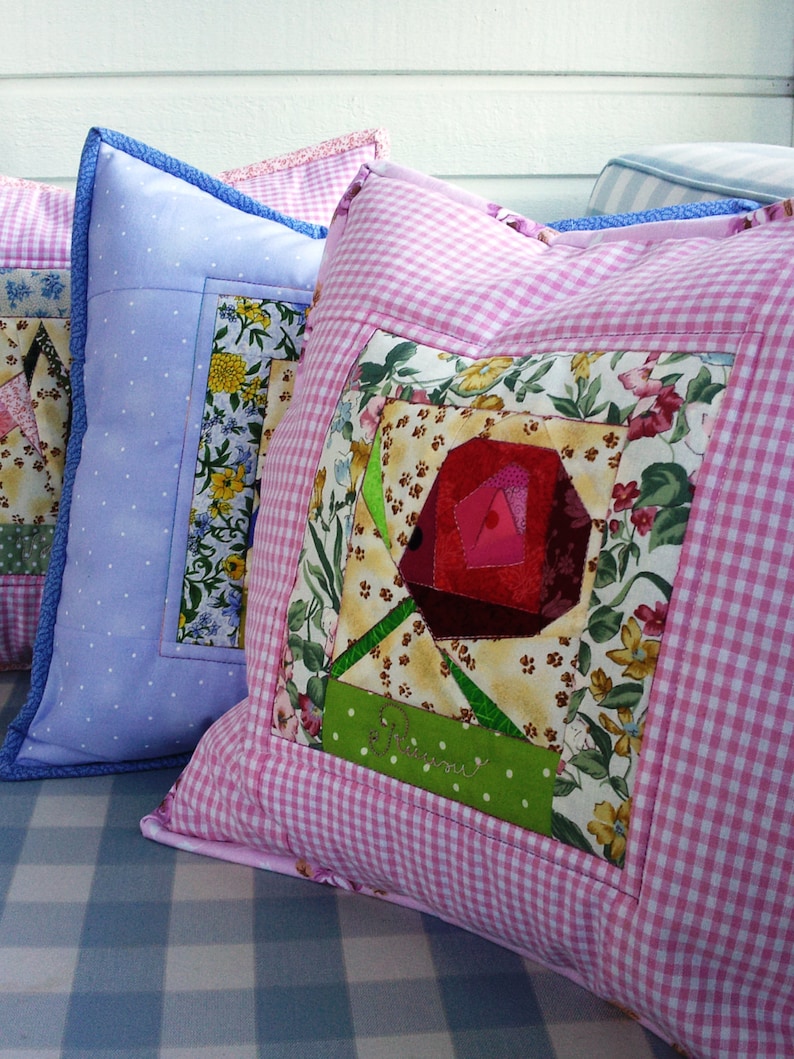 Patchwork pillow case rose flower quilted decorative cushion cover throw red pink burgundy green sofa bed home decor housewarming gift