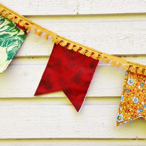 Floral Plaid Cotton Bunting: Boho Pennant Garland with Fringe
