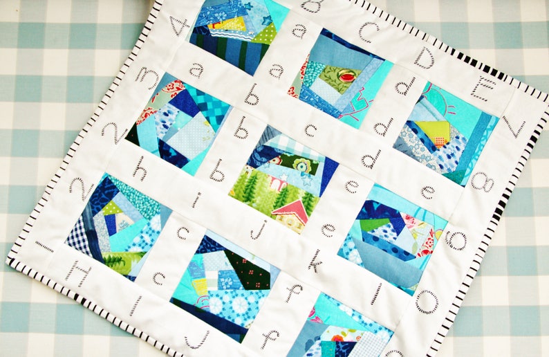 Quilt baby patchwork newborn modern crib pram stroller bedding mini blue white navy green black alphabet number nursery boy baby shower gift