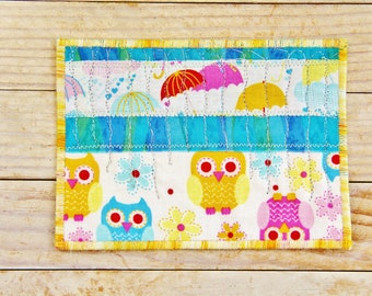 Greeting card postcard owl umbrella rain floral bird birthday patchwork quilted fiber art card textile blue pink silver yellow kids gift