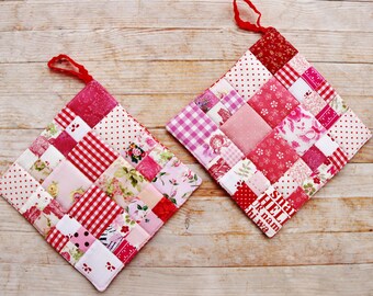 Coaster pot holder set of 2 mug rug hot pad patchwork quilted cottage chic red white pink floral housewarming hostess country chic gift