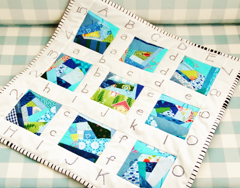 Quilt baby patchwork newborn modern crib pram stroller bedding mini blue white navy green black alphabet number nursery boy baby shower gift