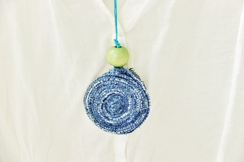 Necklace pendant jewelry denim wooden bead blue green modern statement turquoise cord upcycled recycled jeans cotton bohemian unisex gift
