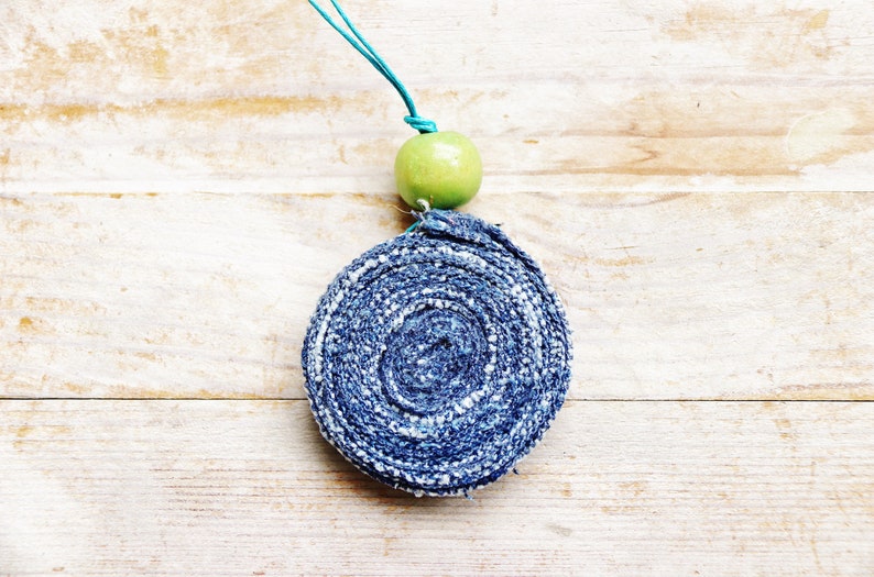 Necklace pendant jewelry denim wooden bead blue green modern statement turquoise cord upcycled recycled jeans cotton bohemian unisex gift