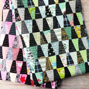 Può includere: Una trapunta fatta a mano con un motivo geometrico di triangoli neri e triangoli di tessuto colorato. La trapunta presenta una varietà di motivi e colori, tra cui rosa, verde e stampe floreali. La trapunta è trapuntata con filo nero.