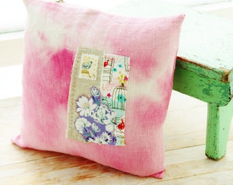 Pillow applique bird pink white purple floral decorative throw cushion cover hand dyed vintage linen Shabby chic spring decoration gift