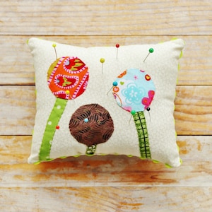Pincushion needle safe appliqued floral lime green orange blue brown red rick rack ribbon crafting sewing teacher&#39;s quilter&#39;s accessory gift