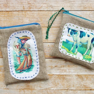 Linen wallet 2 options bag purse card case carry-all make-up zipper pouch sailor boy sailboat calf cow blue green appliqued hand stitched