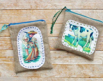 Linen wallet 2 opt bag purse card case carry-all make-up zipper pouch sailor boy sailboat calf cow blue green appliqued hand stitched