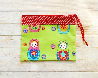 Cosmetic bag make up pouch carry-all zipper pouch pencils case Matryoshka nesting dolls floral green pink red blue purse kids gift