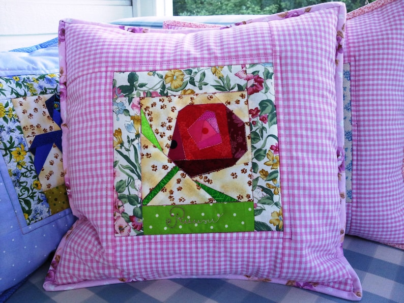 Patchwork pillow case rose flower quilted decorative cushion cover throw red pink burgundy green sofa bed home decor housewarming gift