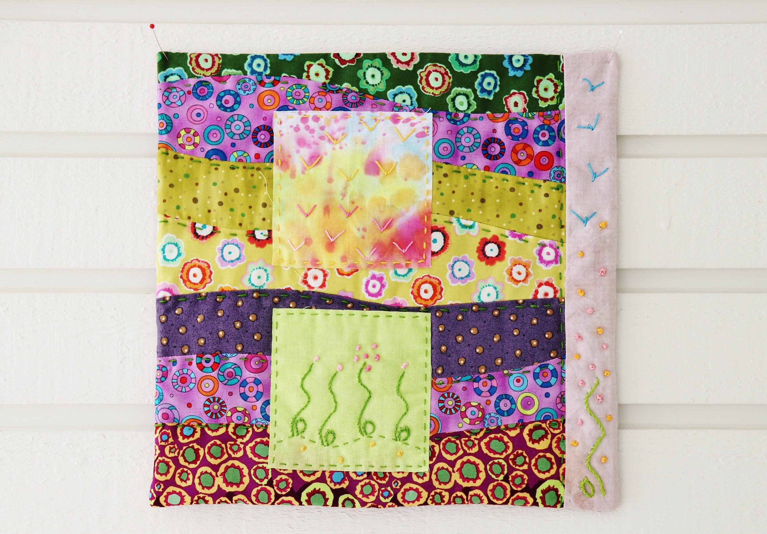 Floral Patchwork Art Quilt: Hand Embroidered Mini Wall Hanging