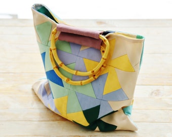 Patchwork-Windrad-Einkaufstasche, Handtasche, kleine Einkaufstasche, Shopper, modern, blau, grün, gelb, cremefarben, Polsterung, Baumwoll-Rattan-Griffe, gefüttert