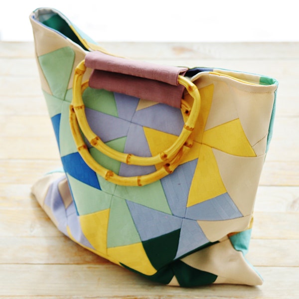 Patchwork pinwheel tote bag handbag small shopping bag shopper modern blue green yellow cream upholstery cotton rattan handles lined
