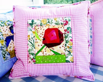 Rose Patchwork Pillow Cover: Quilted Floral Throw Cushion, 16" x 16"