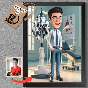 Custom Eye Doctor Caricature – Personalized Ophthalmologist Portrait from Photo – Unique Optometrist Gift, Digital Download
