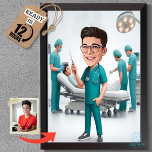Custom Surgeon Caricature Portrait – Unique Gift for Surgeons from Your Photo, Cartoon Style,  Gift for Doctors, Nurses Healthcare Workers