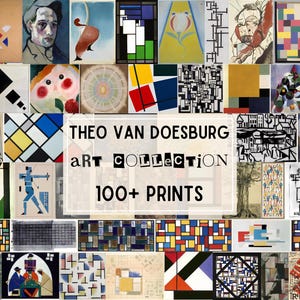 May include: A collage of abstract art prints by Theo van Doesburg. The prints feature geometric shapes and patterns in a variety of colors, including red, blue, yellow, and black. The title "Theo van Doesburg Art Collection 100+ Prints" is displayed in the center of the collage.